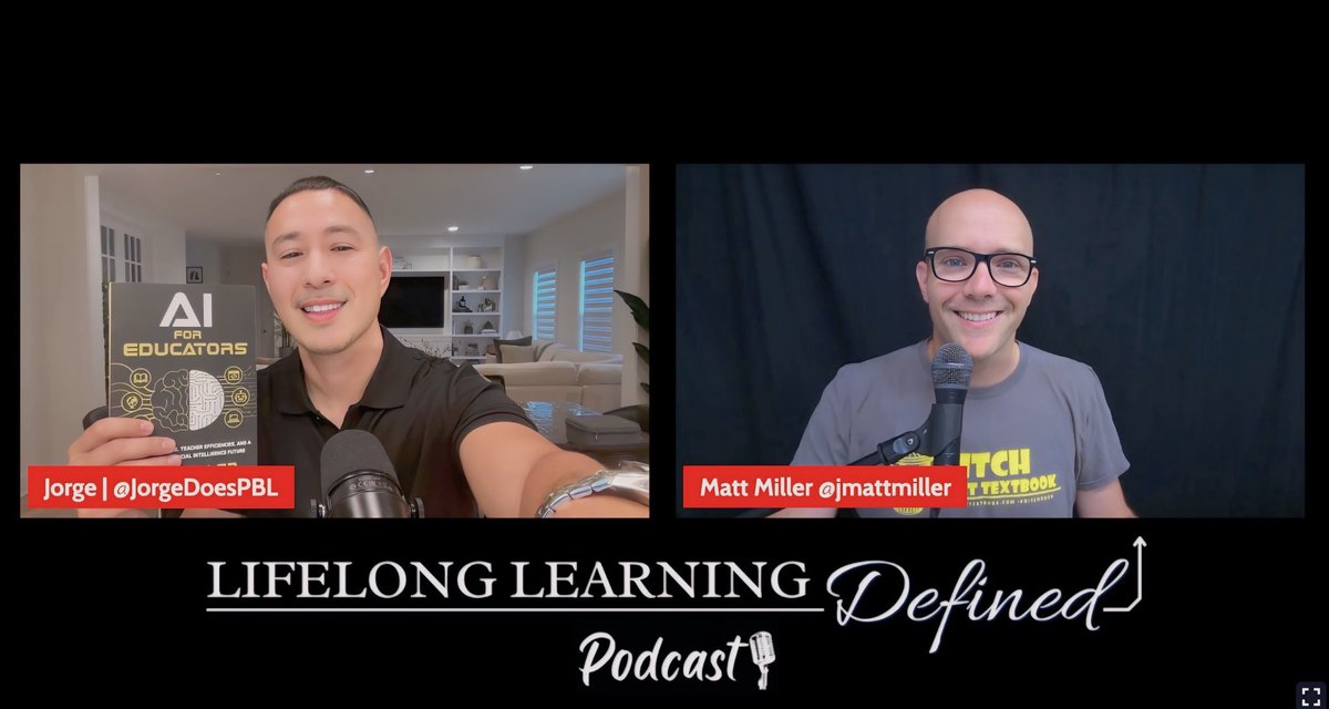 JorgeDoesPBL's tweet photo. Next week, we'll have a new podcast episode with the AMAZING @jmattmiller! We'll talk about all things #AIinEDU and his book 📖.
In the meantime, catch up on previous episodes here: https://t.co/EG8azqebey
#JorgeDoesPBL #LLDpodcast #AI #DitchThatTextbook https://t.co/gzhbgq3cUk