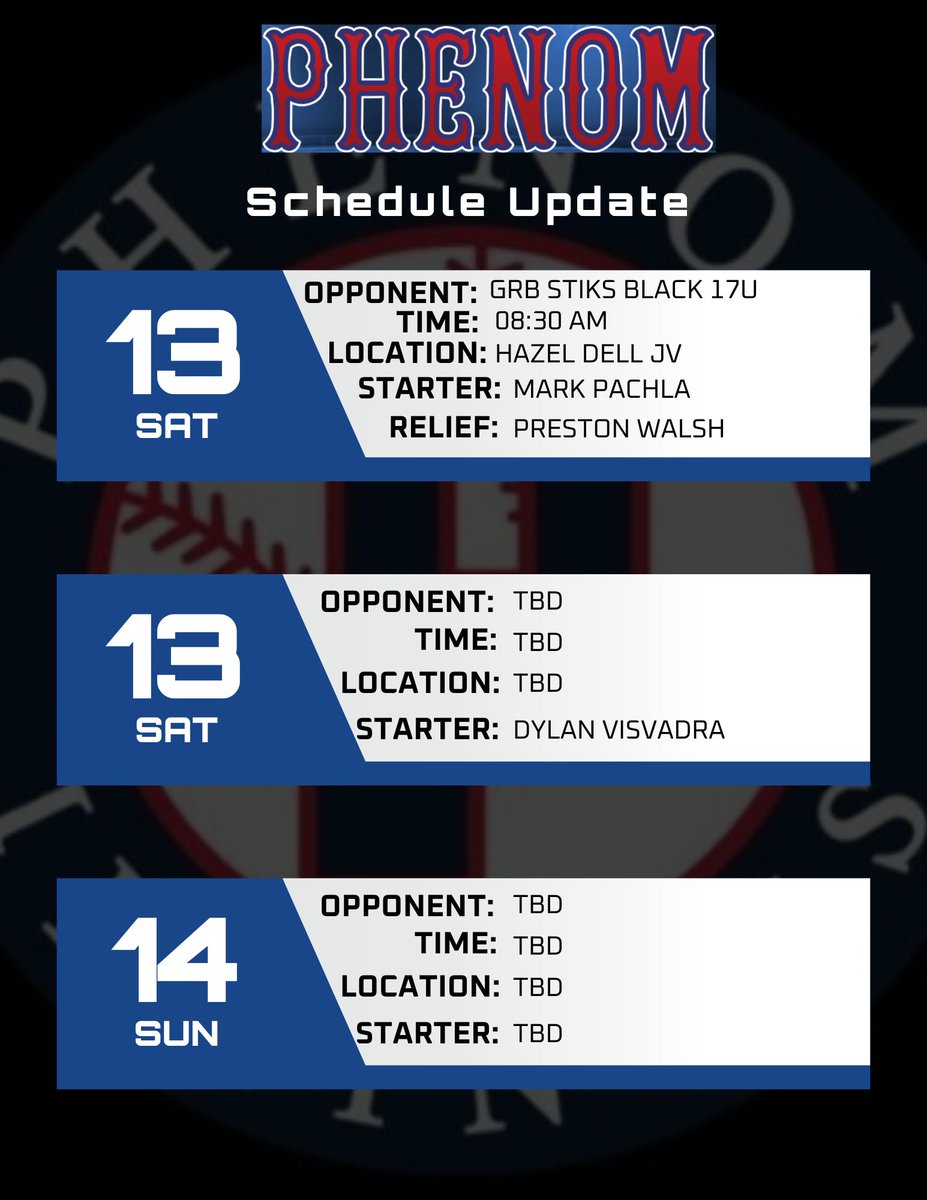 Phenom Illinois '25 Blue (@phenomil2025) on Twitter photo SCHEDULE UPDATE <a href="/Bullpenevents/">Bullpen Tournaments</a>
Game 3 (pool play) now 8:30am Sat 7/13 @ Hazel Dell JV
SP - <a href="/mark_pachla12/">Mark Pachla</a>
RP - <a href="/p__walsh/">Preston Walsh</a>
Game 4 (bracket play) Sat 7/13-time and location TBD.
G4 SP - <a href="/DylanVisvadra17/">Dylan Visvadra</a>
Available arms
<a href="/ConnerMcLean22/">Conner McLean</a>
<a href="/LiamSullivan_11/">Liam Sullivan</a>
<a href="/GabeWink39/">Gabe Winkelman</a>
<a href="/XanderShanko1/">Xander Shevchenko</a> SCHEDULE UPDATE <a href="/Bullpenevents/">Bullpen Tournaments</a>
Game 3 (pool play) now 8:30am Sat 7/13 @ Hazel Dell JV
SP - <a href="/mark_pachla12/">Mark Pachla</a>
RP - <a href="/p__walsh/">Preston Walsh</a>
Game 4 (bracket play) Sat 7/13-time and location TBD.
G4 SP - <a href="/DylanVisvadra17/">Dylan Visvadra</a>
Available arms
<a href="/ConnerMcLean22/">Conner McLean</a>
<a href="/LiamSullivan_11/">Liam Sullivan</a>
<a href="/GabeWink39/">Gabe Winkelman</a>
<a href="/XanderShanko1/">Xander Shevchenko</a>