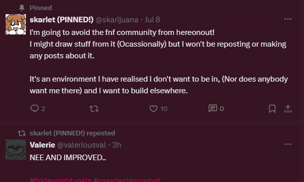 skarijauna's tweet photo. atp i would just unpin the pinned instead of contradicting further if i were you,,  you cannot say youre avoiding fnf and then start retweeting shit about it right after !!!! thats not how that WORKS !!!!! https://t.co/rpFwjwTxIk