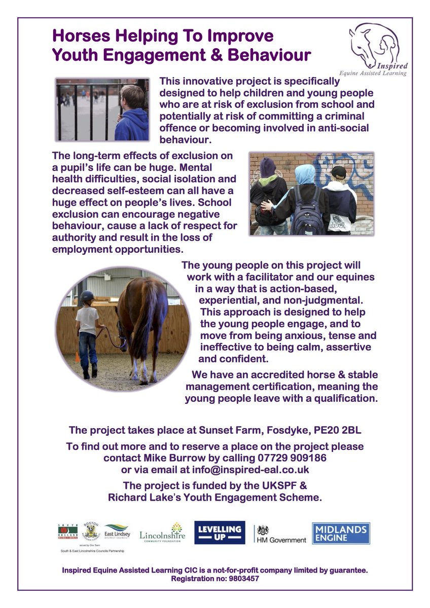 InspiredEAL's tweet photo. Today we’re announcing our new project that’s designed to help young people at risk of exclusion from school and potentially at risk of committing a criminal offence or becoming involved in anti-social behaviour. #equinetherapy #antisocialbehaviour #schoolexclusion #LincsConnect https://t.co/Ju0inn8m9h