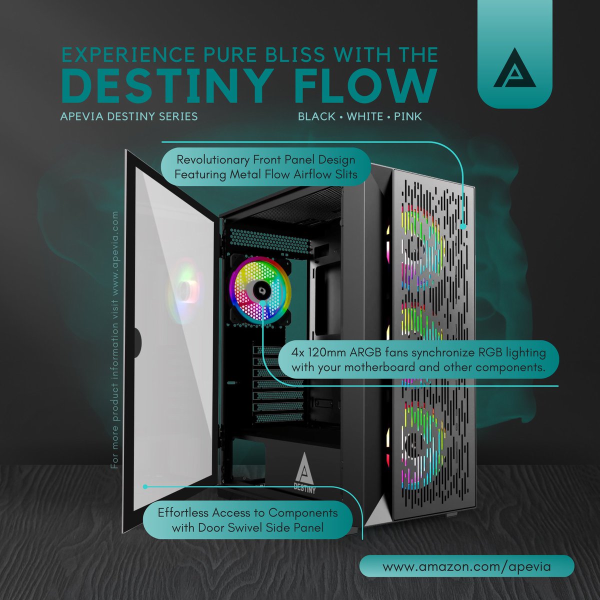 ApeviaCorp's tweet image. Experience gaming tranquility and a state of bliss with the Apevia Destiny Flow. 💻✨

#Apevia #DestinyFlow #MidTower #GamingBliss #Tranquility #PCcase #BuildAPC #PCgamingsetup #cozypcgamer