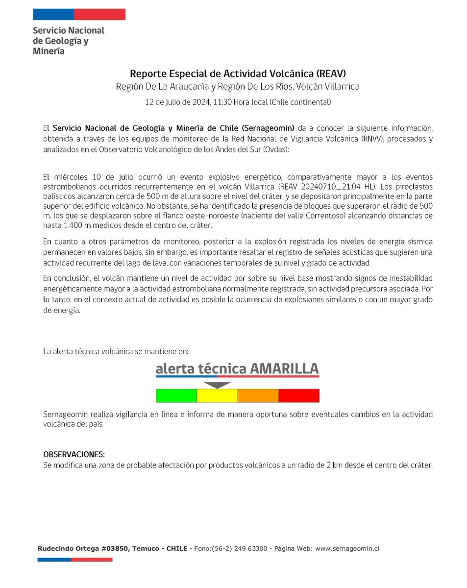 EmergenciaPucon's tweet photo. #AHORA Reporte especial de actividad Volcánica (REAV) emitido por #Sernageomin esta mañana sugiere  aumento en el perímetro de seguridad del @VolcanVillarrica de 500 metros a 2 Kilómetros producto de la actividad superficial que pudimos ver en los últimos días https://t.co/C8V54XPtUO