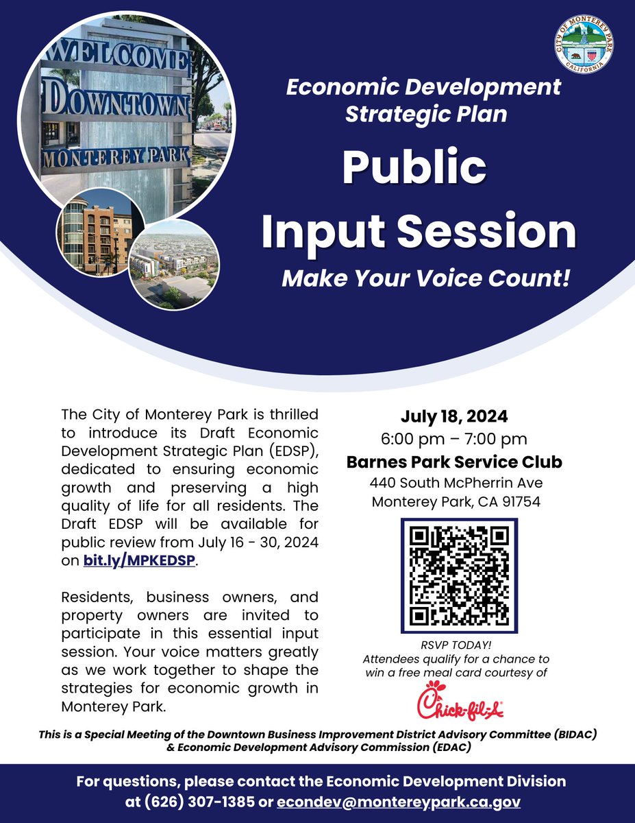 cityofmpk's tweet image. Shape Monterey Park&apos;s future! 🌟 Join our July 18 Public Input Session and share your thoughts on the Draft EDSP. Your feedback is vital! Register on Eventbrite today. 🗣️ #MontereyPark #EDSP #EconomicDevelopment #mpkecondev 

🔗 More info: i.mtr.cool/oxegzrlioi