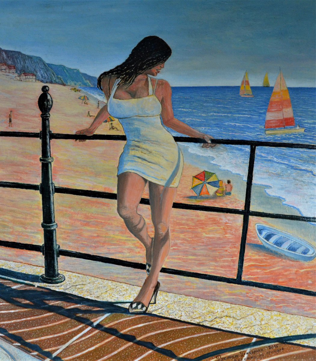 Girl on the pier. Oil painting.