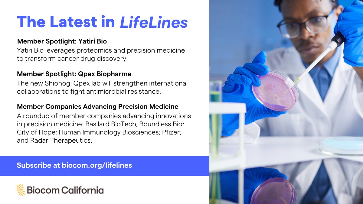 Biocom California (@biocomca) on Twitter photo In July's LifeLines Newsletter, discover how Yatiri Bio uses proteomics to revolutionize cancer drug discovery, how the Shionogi lab <a href="/Qpexbio/">Qpex Biopharma</a> progresses antimicrobial resistance research, and how our members drive precision medicine forward. Read more: bit.ly/3VWHdYx In July's LifeLines Newsletter, discover how Yatiri Bio uses proteomics to revolutionize cancer drug discovery, how the Shionogi lab <a href="/Qpexbio/">Qpex Biopharma</a> progresses antimicrobial resistance research, and how our members drive precision medicine forward. Read more: bit.ly/3VWHdYx