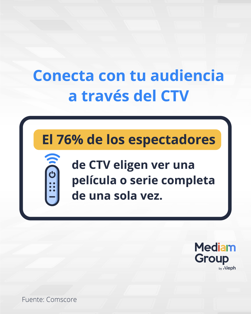 MediamGroup's tweet photo. Explora los hábitos de consumo de los espectadores de #CTV y conecta con tu audiencia en un mundo donde el contenido se consume de manera continua. Conoce las oportunidades publicitarias en la nueva cartera de soluciones digitales de #MediambyAleph.

CTV is now!
#Streaming #LATAM https://t.co/Fv6hfsXgx3