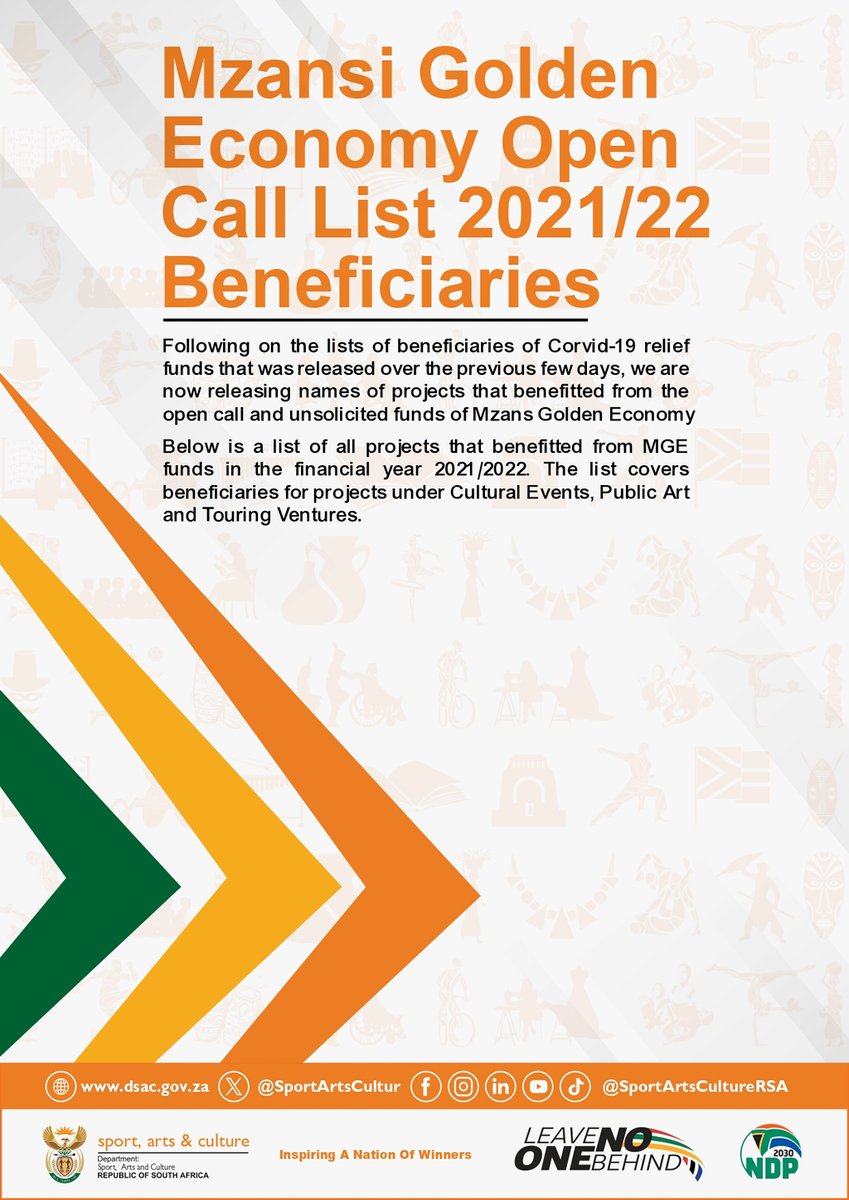 SportArtsCultur's tweet image. Following the lists of beneficiaries of Corvid-19 relief funds that were released, we are now releasing names of projects from the open call and unsolicited funds of Mzansi Golden Economy

List of projects that benefitted in 2021/2022. [1/2]
dsac.gov.za/sites/default/…
#DSACCares