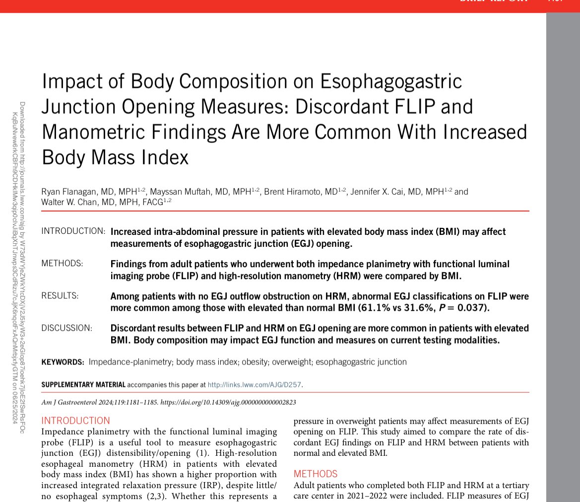 WalterChanMD's tweet photo. May body composition affect EGJ function assessment?

Our study in @AmJGastro📕 found that EGJ opening measured by #FLIP &amp; #manometry are more often discordant in patients w/ ⬆️#BMI

👉⬇️EGJ opening on FLIP but normal manometry is more common w/ ⬆️BMI

🔗https://t.co/Pydyejyw6p https://t.co/1eofeg1rhn