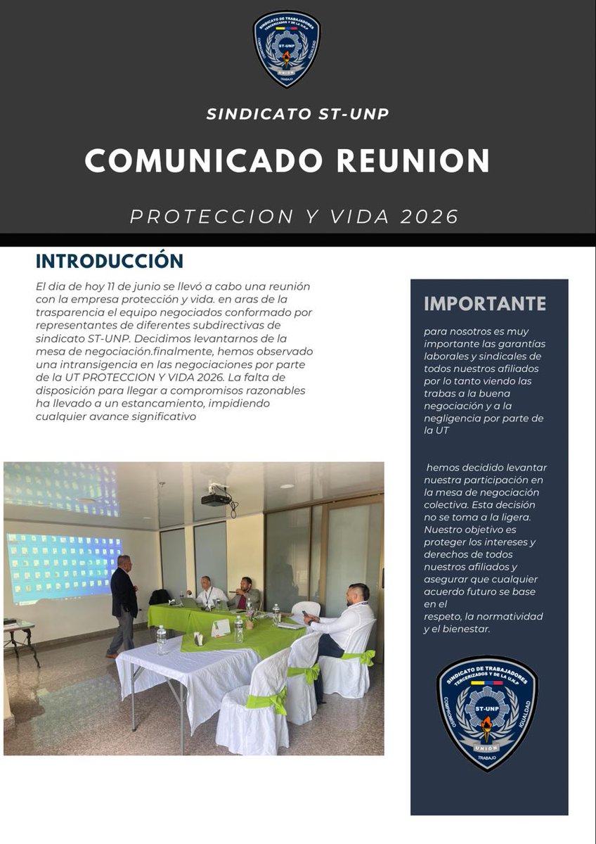 Comunicado mesa de negociación con la unión temporal protección y vida 2026

Donde lamentamos la falta de disposición de ellos y el poco interes por el bienestar de las personas que laboran en esta unión temporal, mucho menos ofrecen garantías para realizar nuestra labor sindical
