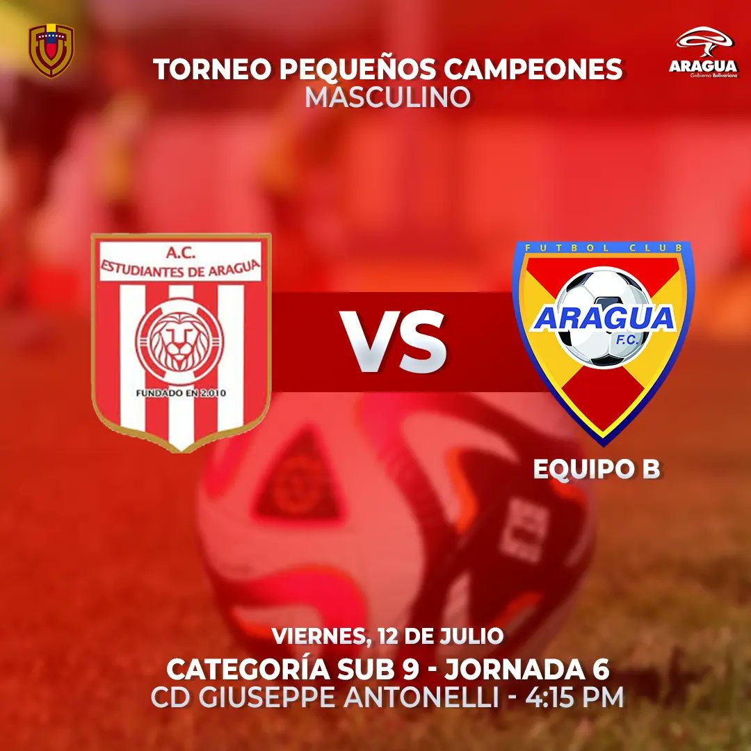 𝗗í𝗮 𝗱𝗲 𝗙ú𝘁𝗯𝗼𝗹 ⚔️⚽

🆚 <a href="/somosedica/">Edica Fútbol Club</a> - Est de Aragua
🏟️ CD Guiseppe Antonelli 
🏆 TORNEO PEQUEÑOS CAMPEONES | J6 | 
🕔 2:45 PM | 4:15 PM |
⚔️ Sub 9

"𝙴𝚕 ú𝚗𝚒𝚌𝚘 𝙰𝚞𝚛𝚒𝚛𝚛𝚘𝚓𝚘 𝚍𝚎 𝚅𝚎𝚗𝚎𝚣𝚞𝚎𝚕𝚊" 🟡🔴