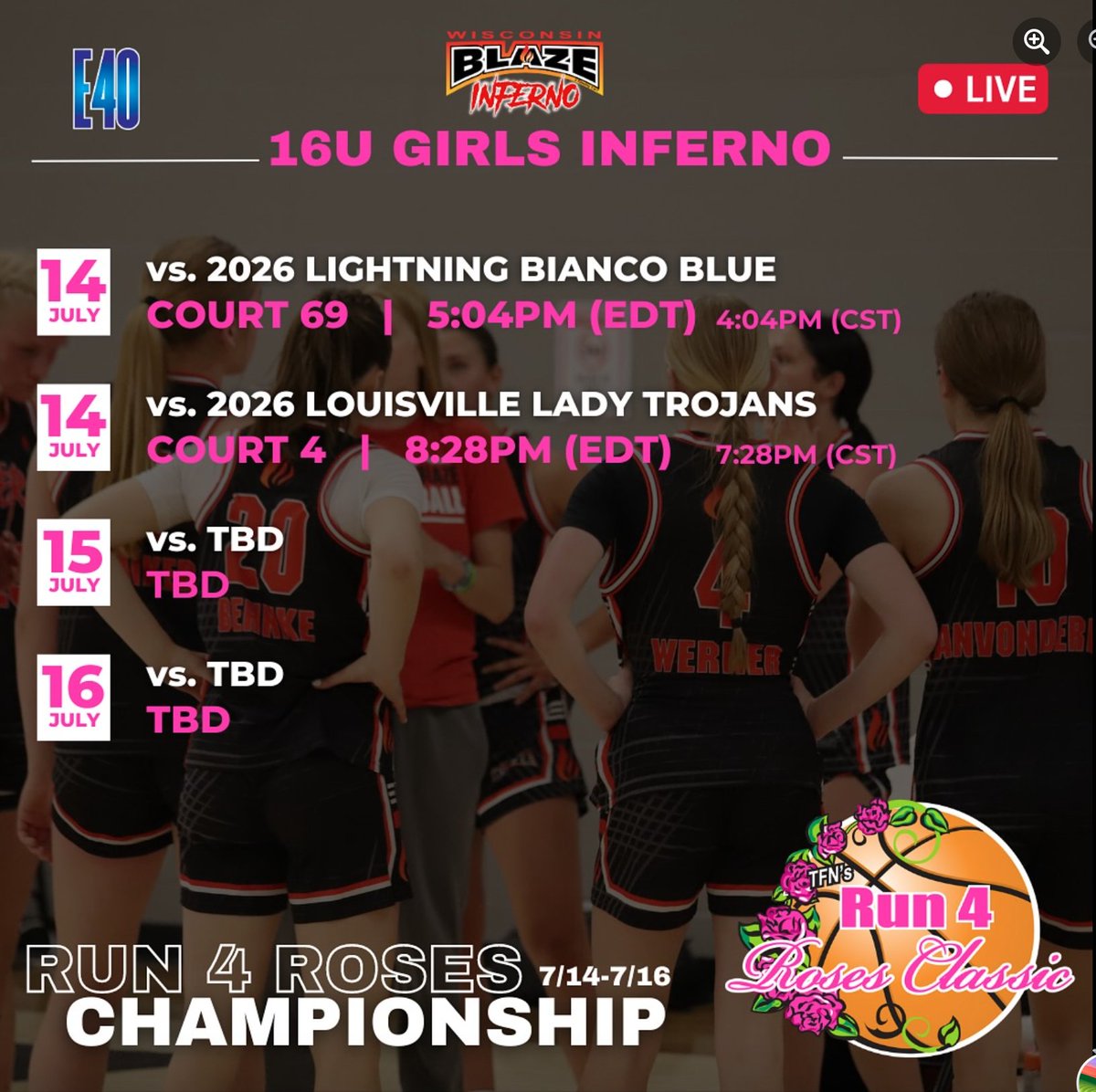 WisconsinBlaze's tweet photo. 👀 WI Blaze girls 16U-17U schedules for the @tfnsrun4roses tourney 🌹 @Elite40League
#wisconsinblaze https://t.co/TGpdFkUEHI