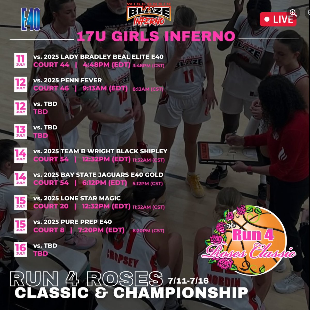 WisconsinBlaze's tweet photo. 👀 WI Blaze girls 16U-17U schedules for the @tfnsrun4roses tourney 🌹 @Elite40League
#wisconsinblaze https://t.co/TGpdFkUEHI