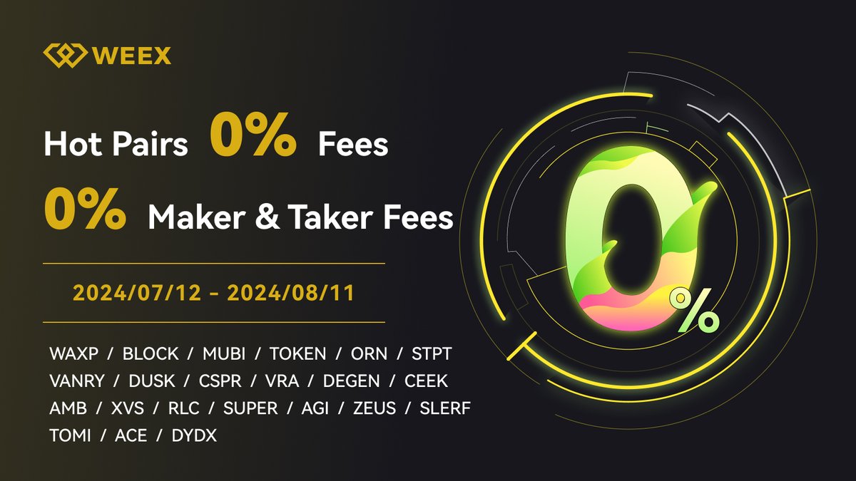 WEEX Lowest Fees in the Industry! 0% Fees on Twenty-two Futures Pro Trading  Pairs [Limited Time]‼️ $WAXP $BLOCK $MUBI $TOKEN $ORN $STPT $VANRY $DUSK  $CSPR $VRA $DEGEN $CEEK $AMB $XVS $RLC $SUPER $