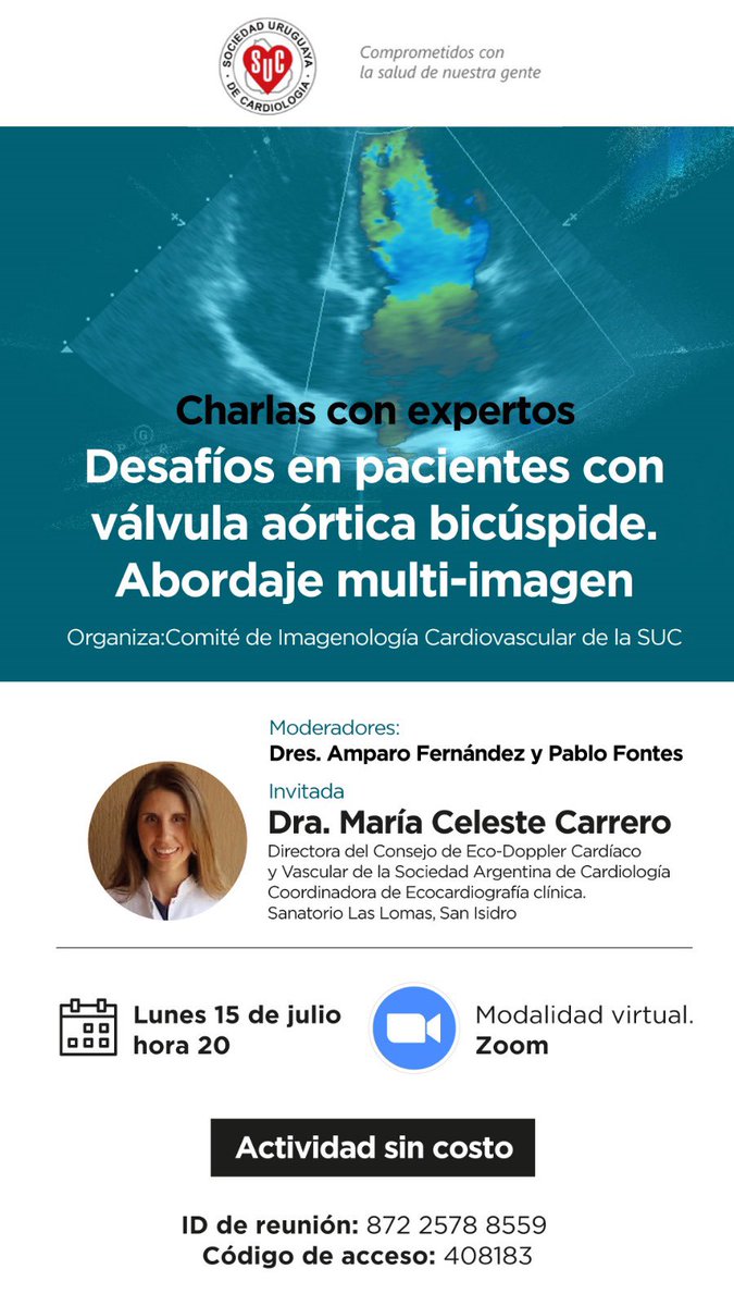 Camila Ramos Malcuori (@camsrams) on Twitter photo Desde el comité de imagenología de <a href="/SUC_cardiologia/">Sociedad Uruguaya de Cardiología</a> los invitamos a conectarse este lunes 15 a la actividad en conjunto con <a href="/SAC_54/">Sociedad Argentina de Cardiología</a>.
La Dra. María Celeste Carrero nos presentará “Desafíos en pacientes con válvula aórtica bicúspide”.
Los esperamos bit.ly/3XUqXcS👇🏽 Desde el comité de imagenología de <a href="/SUC_cardiologia/">Sociedad Uruguaya de Cardiología</a> los invitamos a conectarse este lunes 15 a la actividad en conjunto con <a href="/SAC_54/">Sociedad Argentina de Cardiología</a>.
La Dra. María Celeste Carrero nos presentará “Desafíos en pacientes con válvula aórtica bicúspide”.
Los esperamos bit.ly/3XUqXcS👇🏽