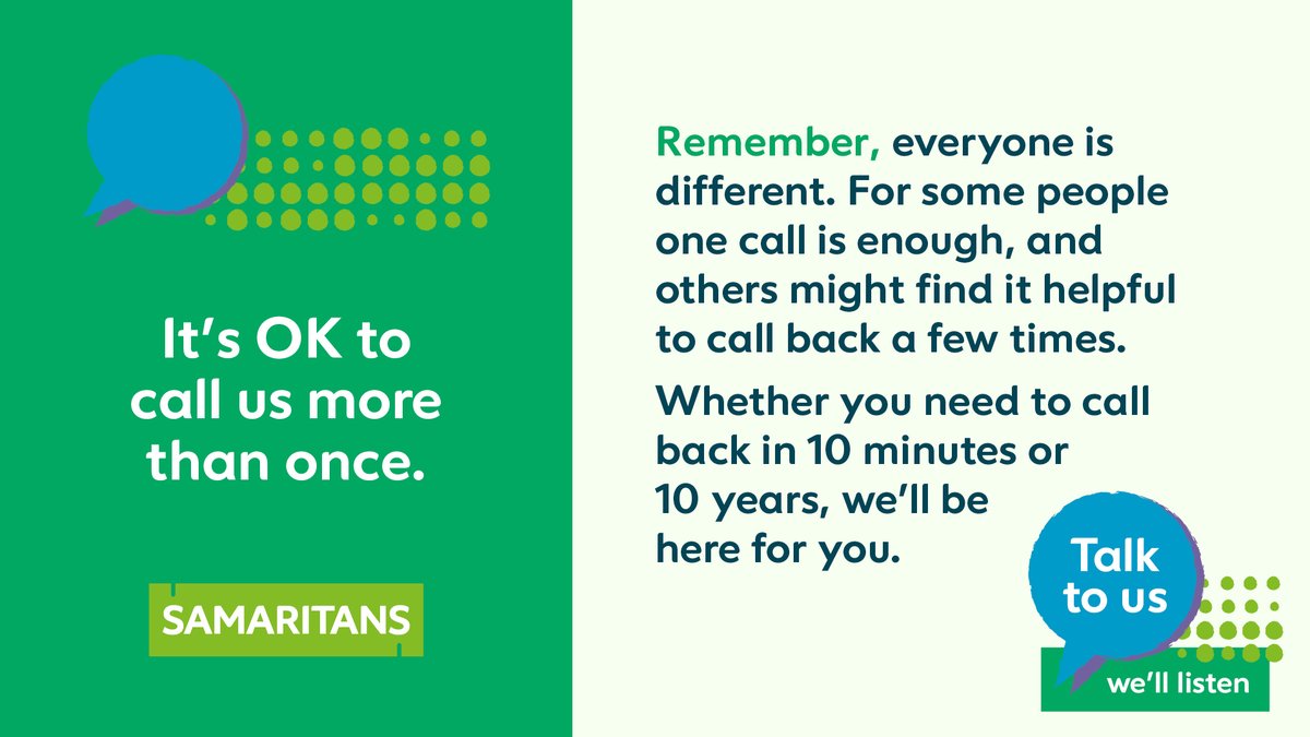 📅 2 more days until #SamaritansAwarenessDay! To countdown, we're sharing a gentle reminder each day 💚

Rememner: Even if you’ve spoken to us before, you can call again, whenever you need to.

We’re here to listen, day and night, 24/7 📱 116 123