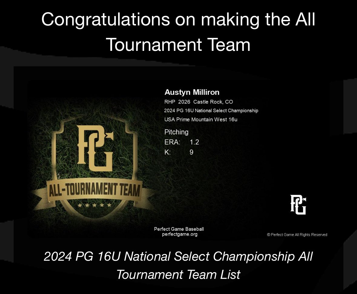 Thank you for the all tournament team <a href="/PerfectGameUSA/">Perfect Game USA</a> <a href="/PG_Scouting/">Perfect Game Scout</a> <a href="/usaprimeco/">USA Prime Colorado</a>