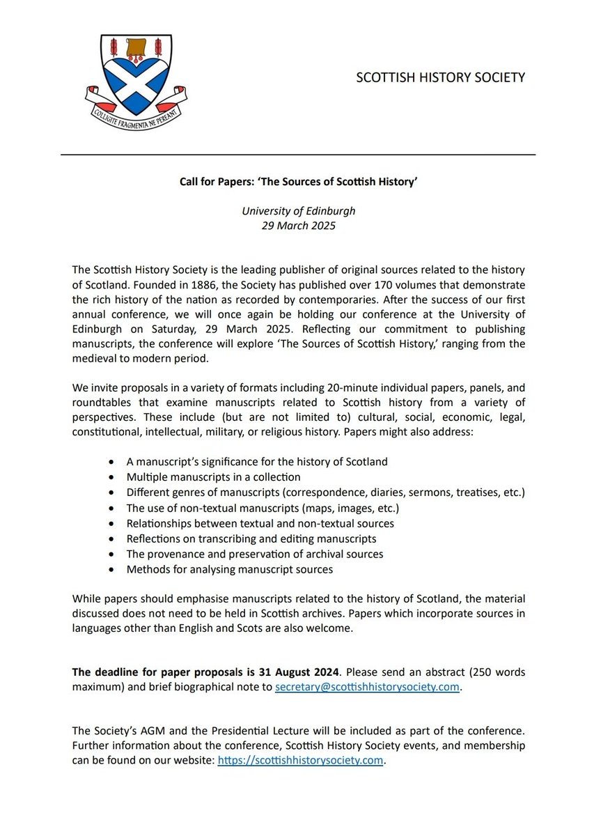 ScottishHistSoc's tweet photo. CALL FOR PAPERS 
We're having another conference! 🎉

We loved hearing about everyone's work on #ScottishHistory so much we're doing it again. 

We're sticking with our dedicated theme 'Sources of Scottish History' &amp; welcome proposals from anyone working with primary sources https://t.co/1gI7viUnce