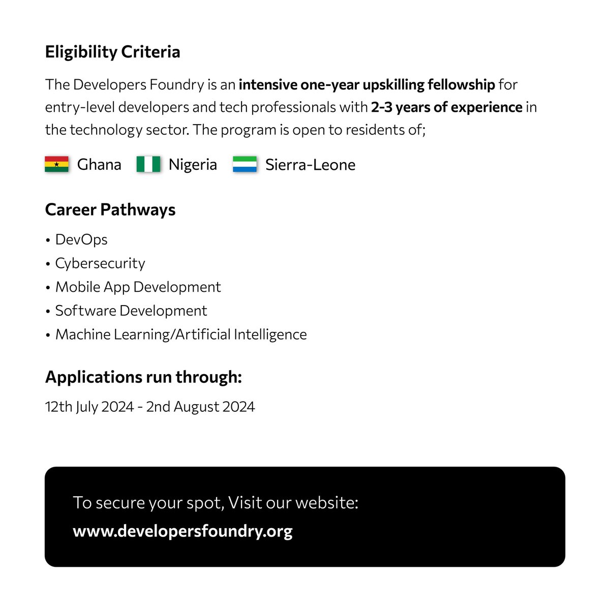 Tech4DevHQ's tweet photo. Are you an entry level tech talent looking to take your career to the next level? Then, the Developers Foundry is for YOU. https://t.co/nSzR3mcQlH