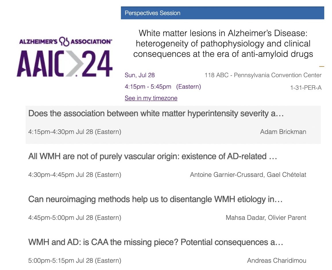 Antoine Garnier-Crussard (@garniercrussard) on Twitter photo 💡 #AAIC2024
I'm delighted to participate in this Perspective Session✨White matter lesions in AD: heterogeneity of pathophysiology and clinical consequences at the era of anti-amyloid drugs.✨ 
Many thanks 🙏 to <a href="/AdamMBrickman/">Adam M. Brickman</a> , <a href="/DadarMahsa/">Mahsa Dadar</a> , <a href="/a_charidimou/">Andreas Charidimou MD, PhD</a> , <a href="/ChetelatLab/">Chetelat's Lab</a> 🙂 💡 #AAIC2024
I'm delighted to participate in this Perspective Session✨White matter lesions in AD: heterogeneity of pathophysiology and clinical consequences at the era of anti-amyloid drugs.✨ 
Many thanks 🙏 to <a href="/AdamMBrickman/">Adam M. Brickman</a> , <a href="/DadarMahsa/">Mahsa Dadar</a> , <a href="/a_charidimou/">Andreas Charidimou MD, PhD</a> , <a href="/ChetelatLab/">Chetelat's Lab</a> 🙂
