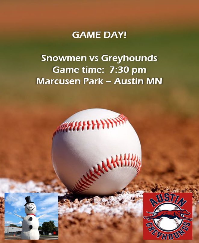 The Snowmen travel south to Austin, MN to take on the Greyhounds (<a href="/AustinGreyhound/">Austin Greyhounds</a>) at historic Marcusen Park tonight. Game time is 7:30 pm. Thank you to the Greyhounds for hosting!