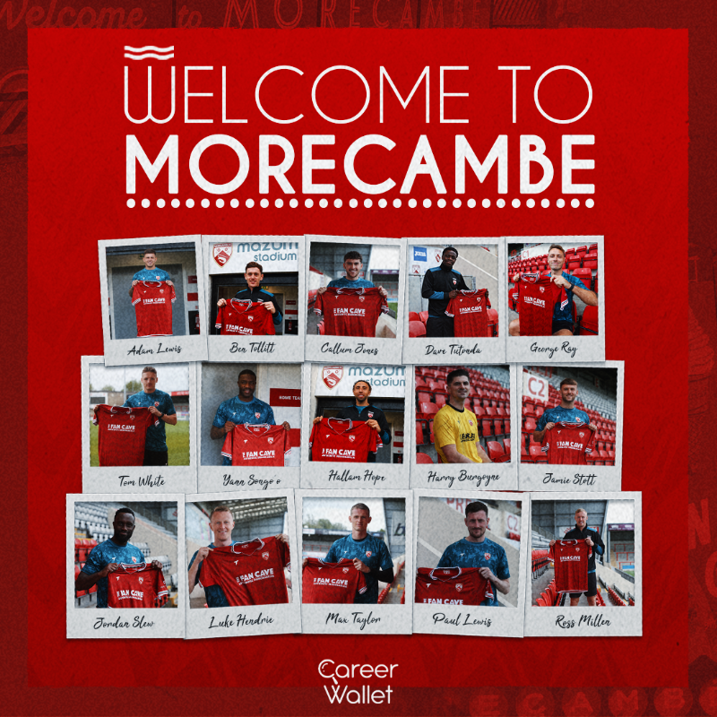 MorecambeFC's tweet photo. Morecambe FC is delighted to confirm the arrival of 15 players as Derek Adams looks to shape his squad ahead of the 2024/25 campaign ✍️

This announcement is brought to you by @TheCareerWallet.

#UTS 🦐