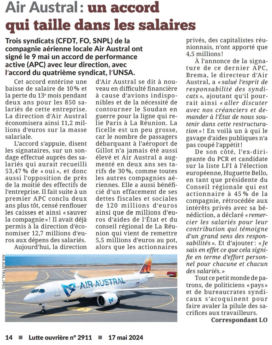 Pour ceux qui ont des illusions sur Huguette #Bello. Au gouvernement, comme c'est la cas au Conseil Régional de la Réunion, son action se résumera à du pognon pour les patrons et des sacrifices pour les travailleurs à l'image de ce qui s'est passé à Air Austral. Article LO ⤵️