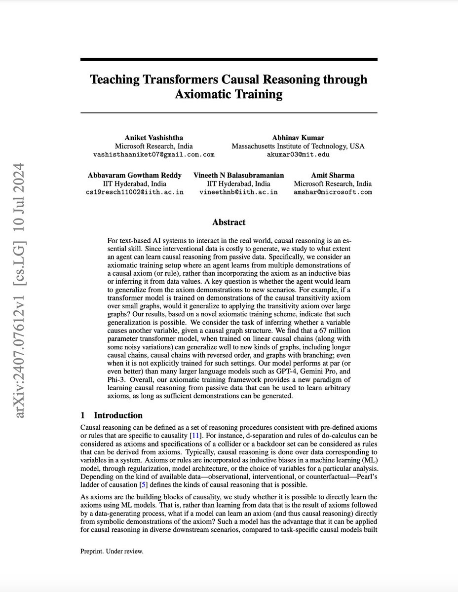 Montreal_AI's tweet image. Teaching Transformers Causal Reasoning through Axiomatic Training

Vashishtha et al.: arxiv.org/abs/2407.07612

#ArtificialIntelligence #CausalReasoning #DeepLearning