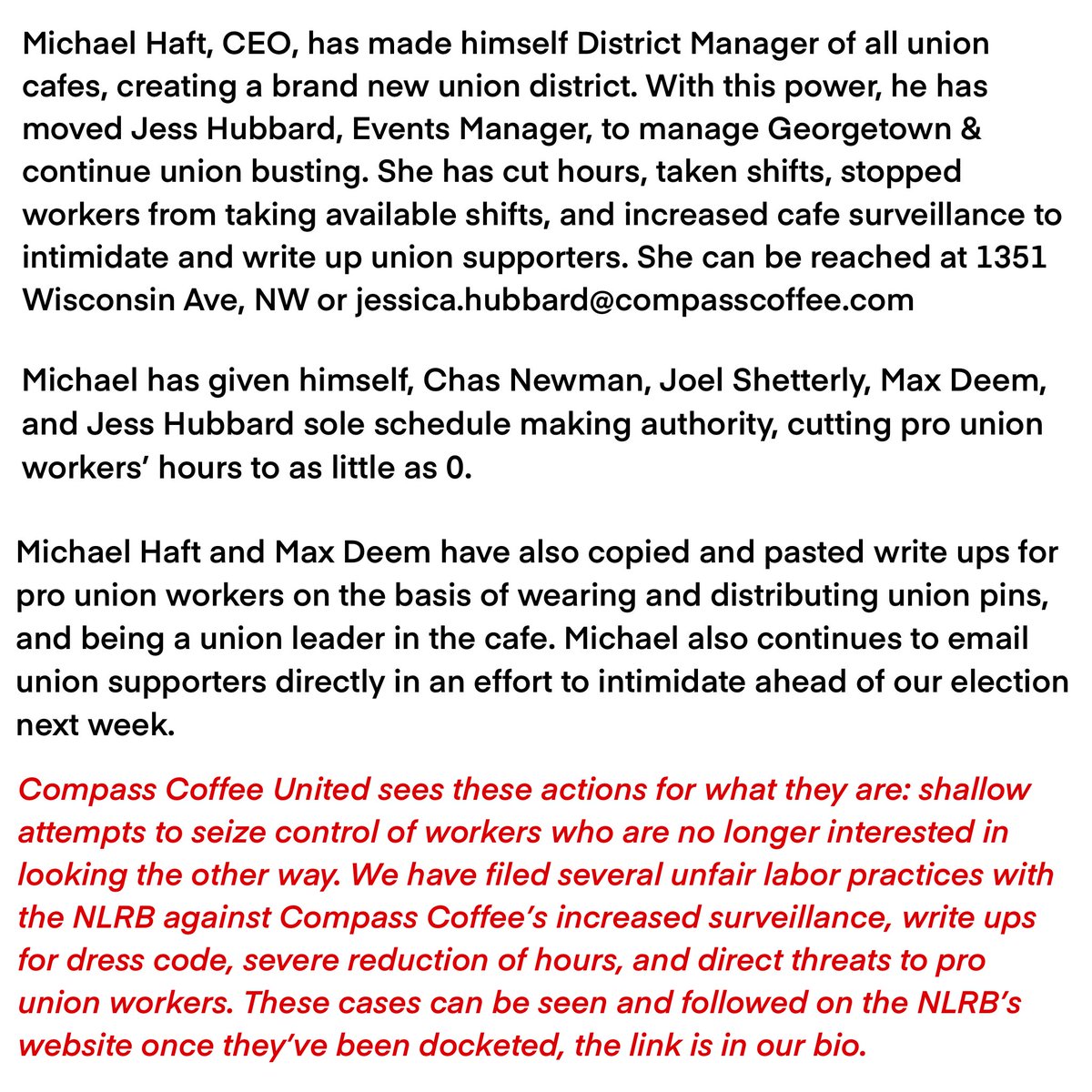 CompassWorkers's tweet photo. ahead of our election July 16th, Michael Haft continues to grasp any control over unionizing cafes. https://t.co/pt6hwW4Ikm