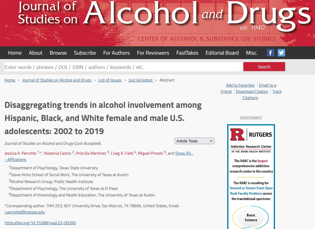 JSADJournal's tweet photo. Disaggregating trends in alcohol involvement among Hispanic, Black &amp; White female &amp; male US adolescents: 2002-2019 (just accepted in @JSADjournal) 
@DrPerrotte @doctorpmartinez @MiguelPinedoPhD @tschepis @TxSt_Psych @TexasSteveHicks @argphi @PHIdotorg 
https://t.co/1l7ELo01fB https://t.co/aIgeMcpqep
