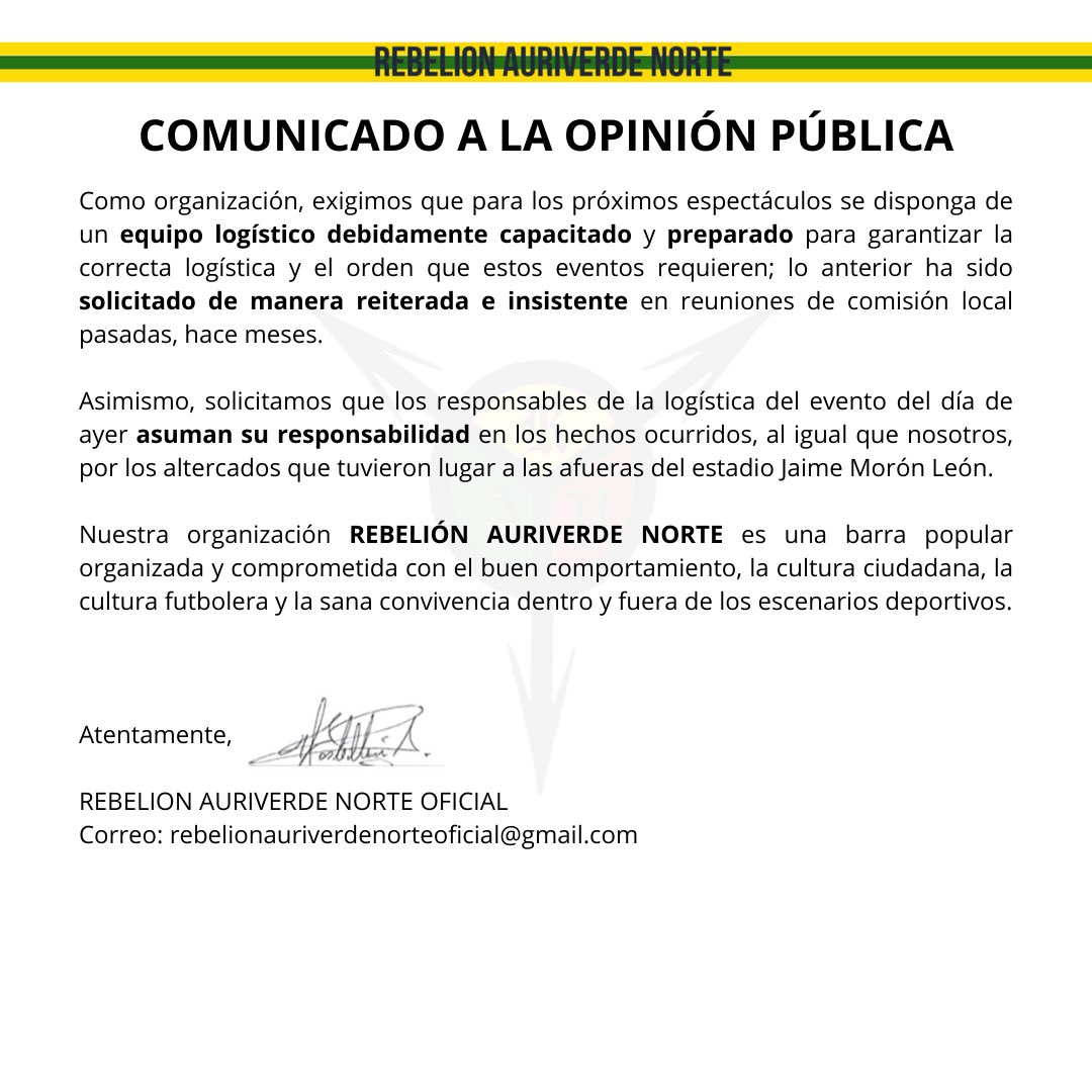 rebelionravn's tweet photo. 📣COMUNICADO A LA OPINIÓN PÚBLICA🔰
El trato que recibimos ayer es INACEPTABLE y completamente LAMENTABLE por parte de los implicados y las entidades que lo presenciaron TODO.

SOMOS LA FAMOSA REBELION AURIVERDE NORTE❤️💛💚 https://t.co/J4NY2jLydZ