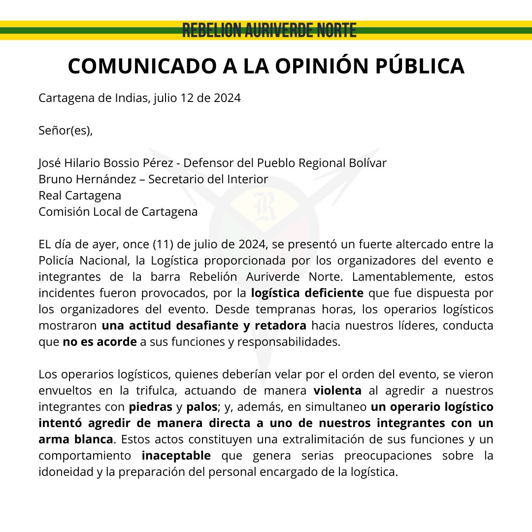 rebelionravn's tweet photo. 📣COMUNICADO A LA OPINIÓN PÚBLICA🔰
El trato que recibimos ayer es INACEPTABLE y completamente LAMENTABLE por parte de los implicados y las entidades que lo presenciaron TODO.

SOMOS LA FAMOSA REBELION AURIVERDE NORTE❤️💛💚 https://t.co/J4NY2jLydZ
