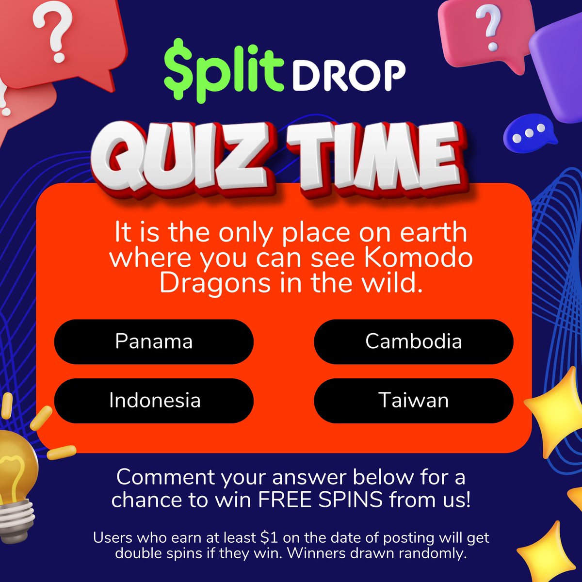 QUIZ TIME!

1st - Use the answer as your Drop Code for today

2nd - Comment your answer on the comment section along with your SplitDrop username for a chance to win more free spins!

WINNERS WILL BE DRAWN IN RANDOM! Good luck!

#RewardsSite #Play2Earn #P2E #PlayToEarn