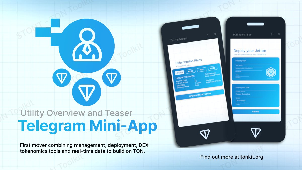 tontoolkit's tweet image. Telegram Mini-App for $TONT - Utility Overview

As promised, here is our extra second teaser about the Mini-App adaption of the Launchpad and Manager software we currently offer at tonkit.org/launchpad.

@telegram is one of the most popular use-cases of the @ton_blockchain.…