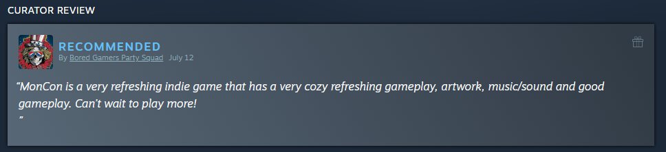 Thanks, Bored Gamers Party Squad!
"MonCon is a very refreshing indie game that has a very cozy refreshing gameplay, artwork, music/sound and good gameplay. Can’t wait to play more!"

#MonCon #SteamRelease #NewSteamGame #indierpg #rpg #turnbasedrpg #socialanxiety #FollowFriday