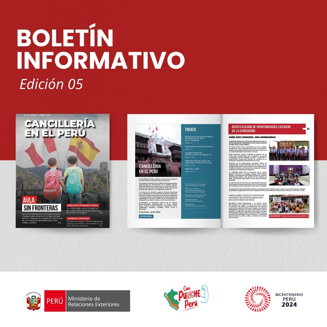 🗞️ | Compartimos la quinta edición de Cancillería en el Perú, el boletín informativo dedicado a las actividades más importantes de mayo y junio de 2024 impulsadas por nuestras 13 oficinas desconcentradas a nivel nacional.
Más información👉 gob.pe/cancilleriaene… 
#Cancillería360