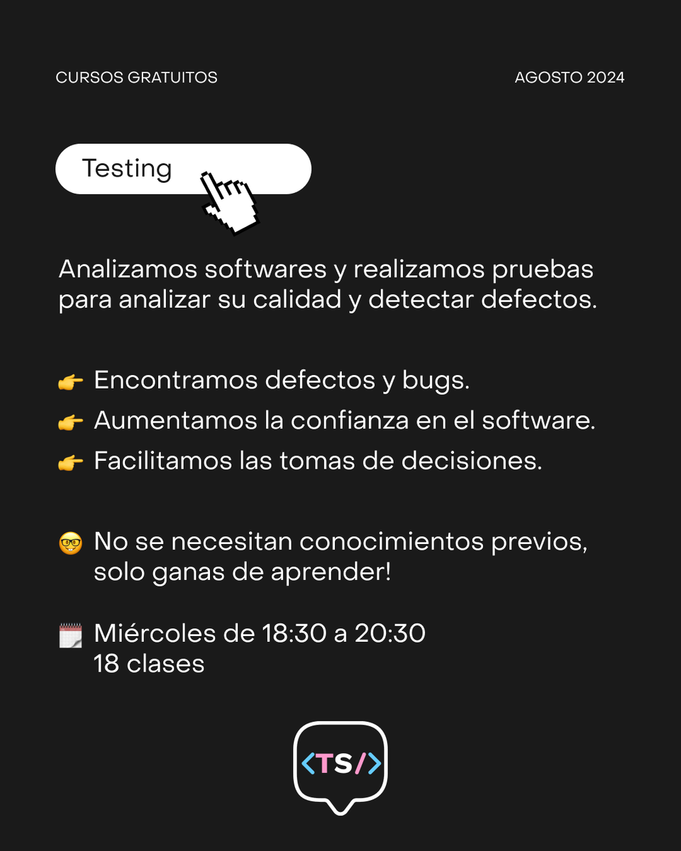 CURSO DE TESTING MANUAL del 7/8 al 4/12🚀

Duración 18 clases 
Uno de los más esperados
Ya están las inscripciones abiertas! 
Link para anotarte : forms.gle/N7AedqKr4wiYn6…
Datos importantes a tener en cuenta:
🚫No necesitas tener conocimientos previos
🆓Esta actividad es GRATUITA