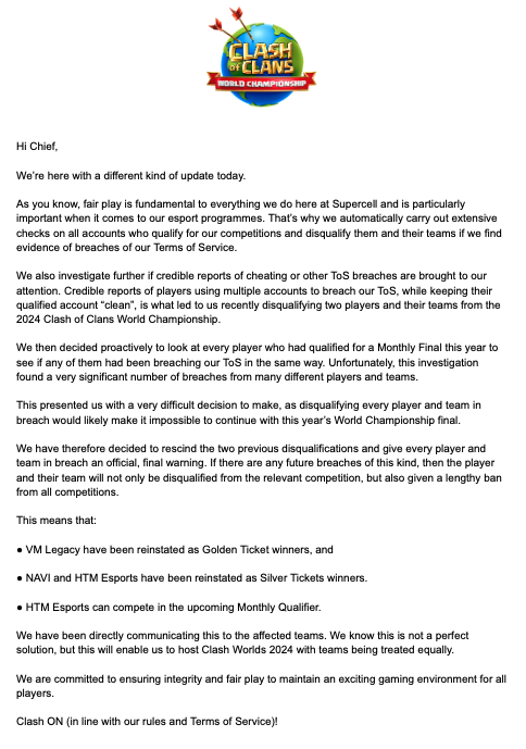 CoCEsports's tweet image. 🚨 An update on Clash of Clans World Championship 2024🚨

ℹ️ esports.clashofclans.com/news/an-update…