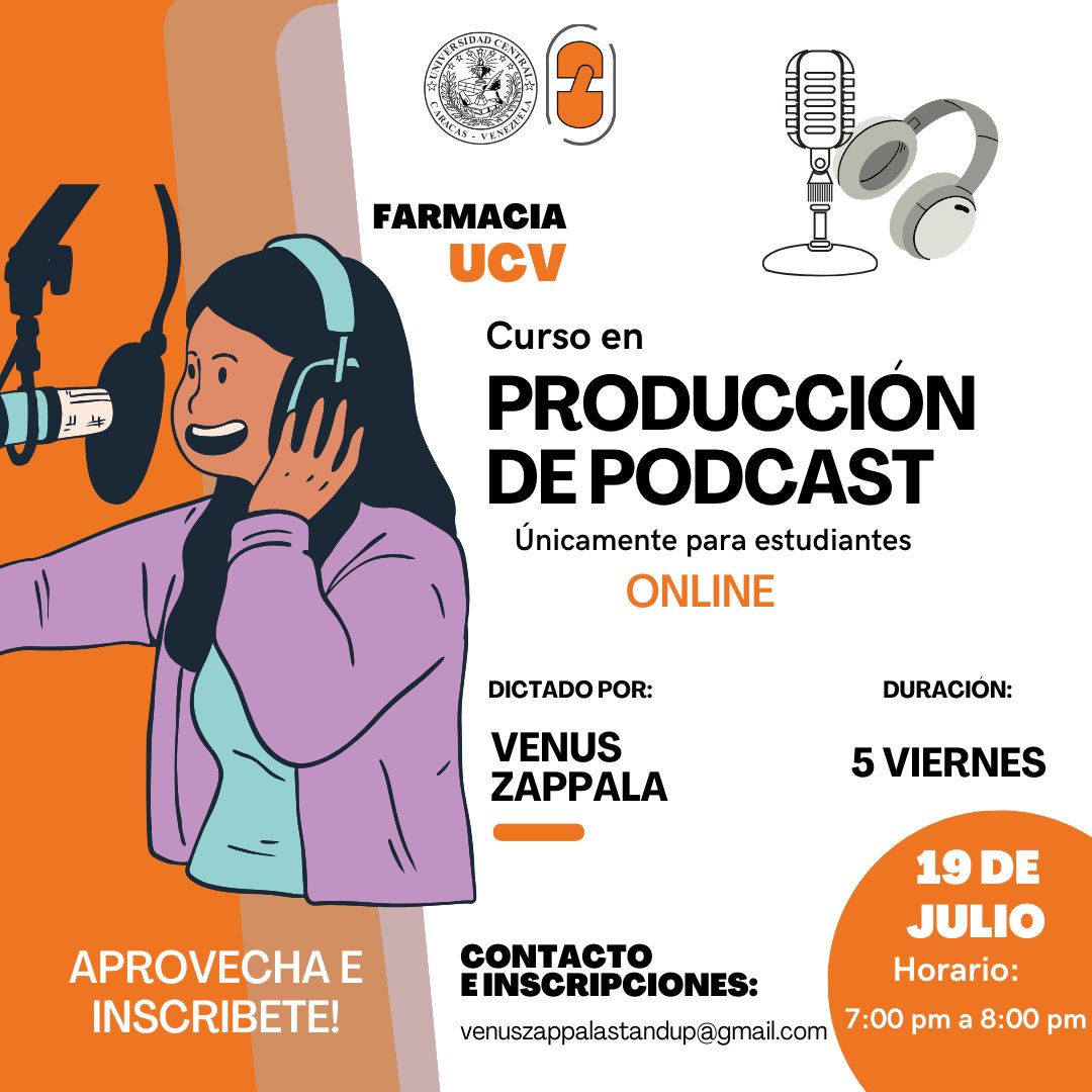⏩ ¡Aprovecha e inscríbete! ⏪

🎙️ Curso Producción de Podcast dirigido a estudiantes, dictado por la Licda. Venus Zappala <a href="/venuszappala/">venus zappala</a>.

✅ Avalado por la Coordinación de Extensión de la Facultad de Farmacia - UCV

📩 Contacto e Inscripciones: venuszappalastandup@gmail.com