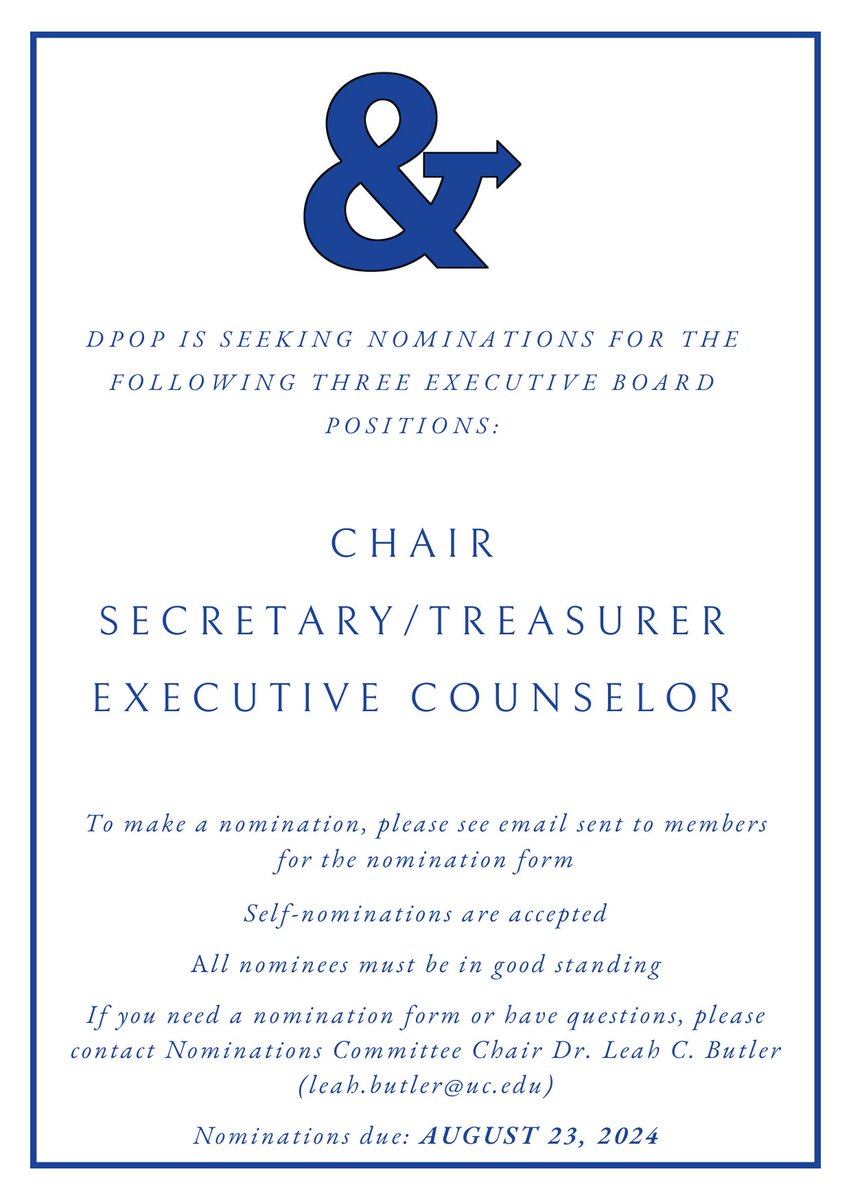 The Nominations Committee is soliciting nominations for the following DPOP offices: Chair, Secretary/Treasurer, and Executive Counselor. Please see the email sent to all current members to nominate someone. Self nominations accepted. Contact Leah Butler for more info.