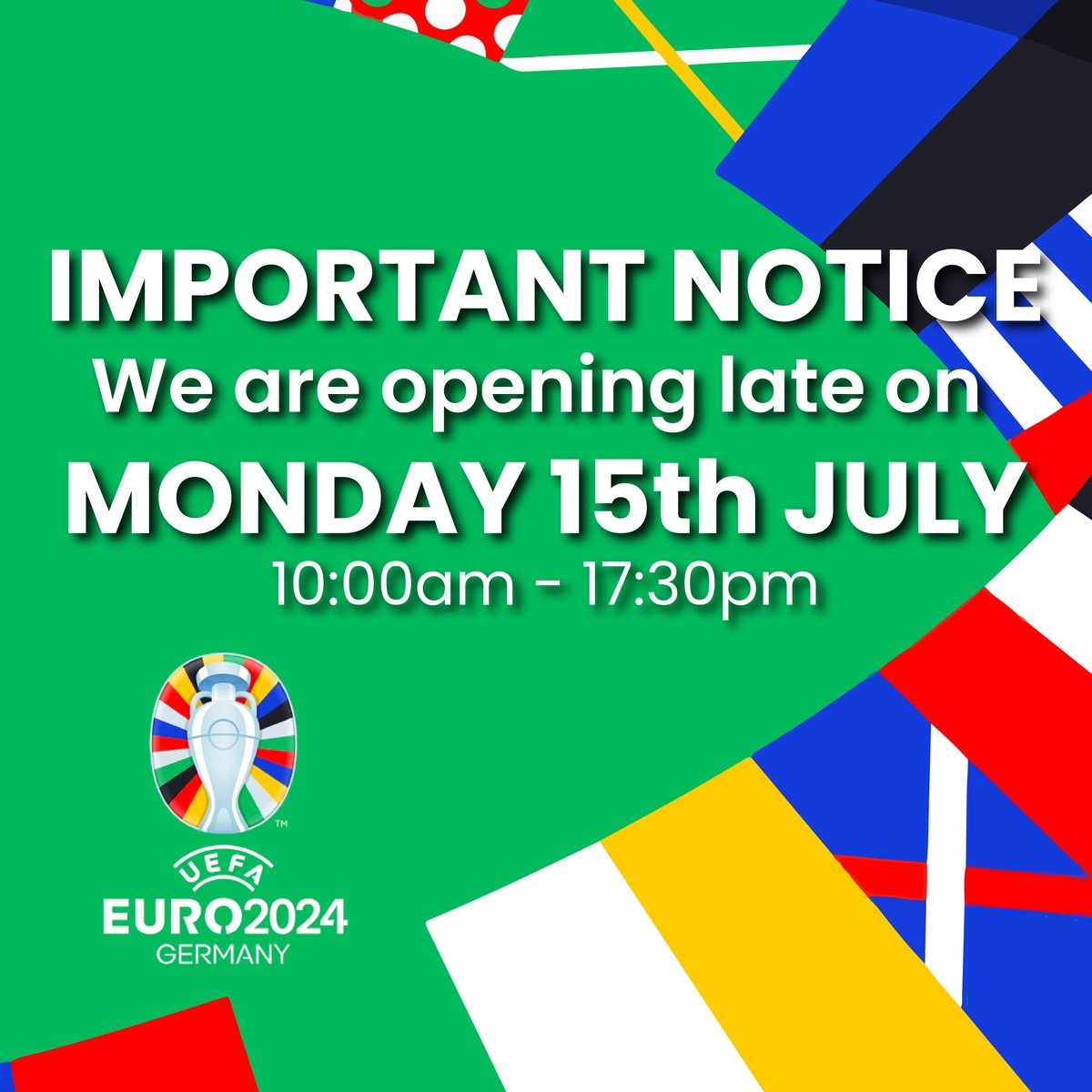 🎉⚽ Important Announcement! ⚽🎉

To let our team properly cheer on England in the 2024 Euros final on Sunday night, we’ll be opening late on Monday. Doors and lines will open at 10:00 AM instead of our usual 8:30 AM.

#euros2024  #comeonengland #updatedhours