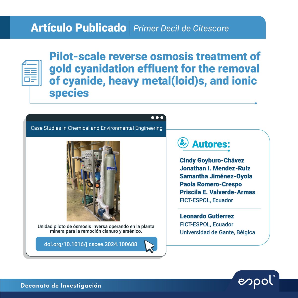 Resaltamos artículo de primer decil que presenta cómo una planta piloto de ósmosis inversa, operada en una industria minera del país, logró remover el 99.8% del cianuro y el 98.2% del arsénico, promoviendo así una minería más sostenible.
Artículo completo: doi.org/10.1016/j.csce…