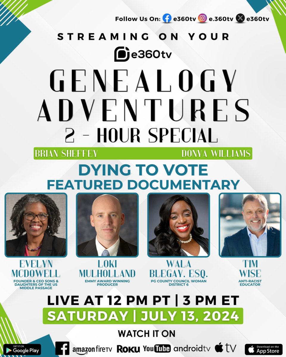 The Genealogy Adventures Live show is excited to welcome back Emmy Award-winning producer Loki Mulholland, who will debut his new 32-minute documentary, "Dying to Vote," for a special one-time event.