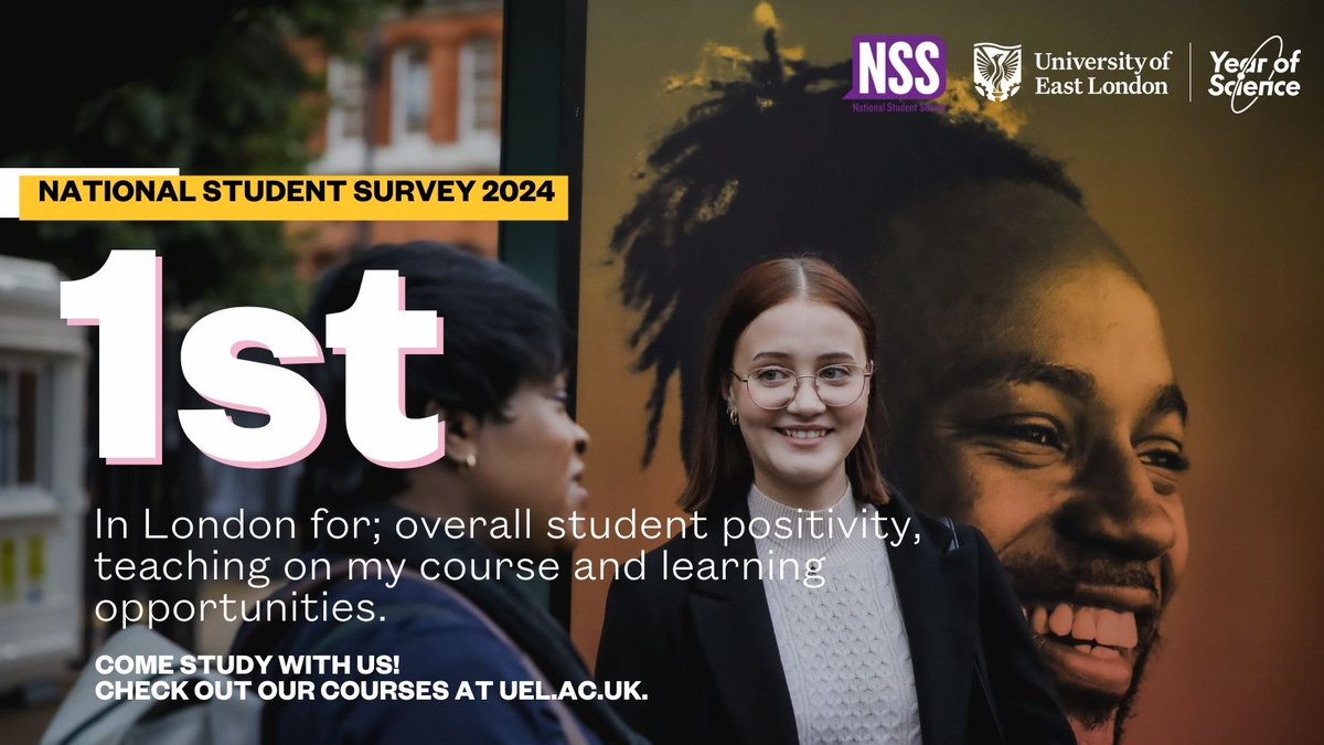 UEL ranks 1st in London for overall student positivity, teaching quality, and learning opportunities! It's a testament to our commitment to student success.

Want to learn more about studying with us 👉 uel.ac.uk/about-uel/news…

#NSS2024