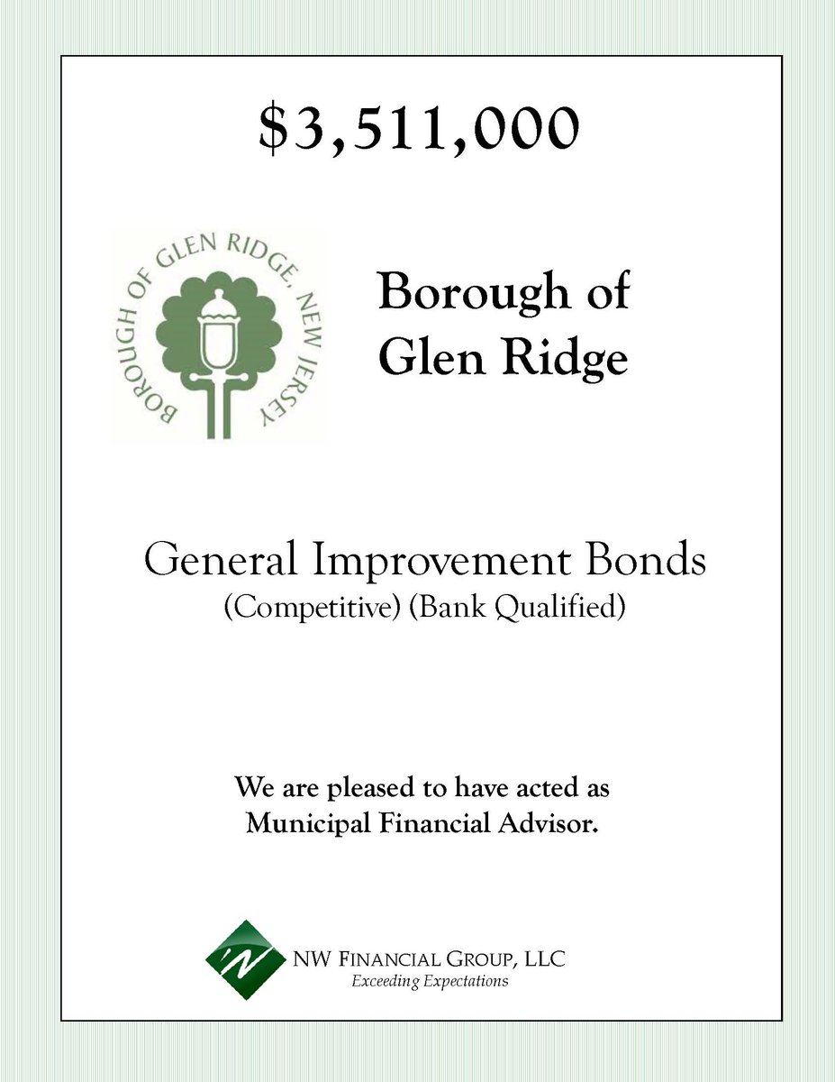 NWFinancialGrp's tweet photo. NW Financial served as Municipal Financial Advisor to the Borough of Glen Ridge on the following Bond transaction which closed on July 10, 2024.

Looking for a Municipal Advisor? Click here: https://t.co/XvH3tJwGw8

#nwfinancial
#glenridgenj
#glenridge
#essexcounty
#newjersey https://t.co/xZ7xpKfCLe