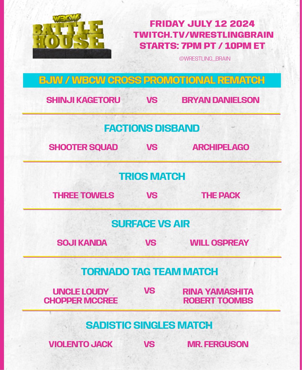 Wrestling_Brain's tweet photo. TONIGHT: One of our quarterly Friday Night Streams

It’s WBCW: Battlehouse
The best video game wrestling anywhere on earth. Come watch, gamble and enjoy one of our big shows. It’s gonna be great. Here’s tonight’s card: https://t.co/Kid39Ibc4G