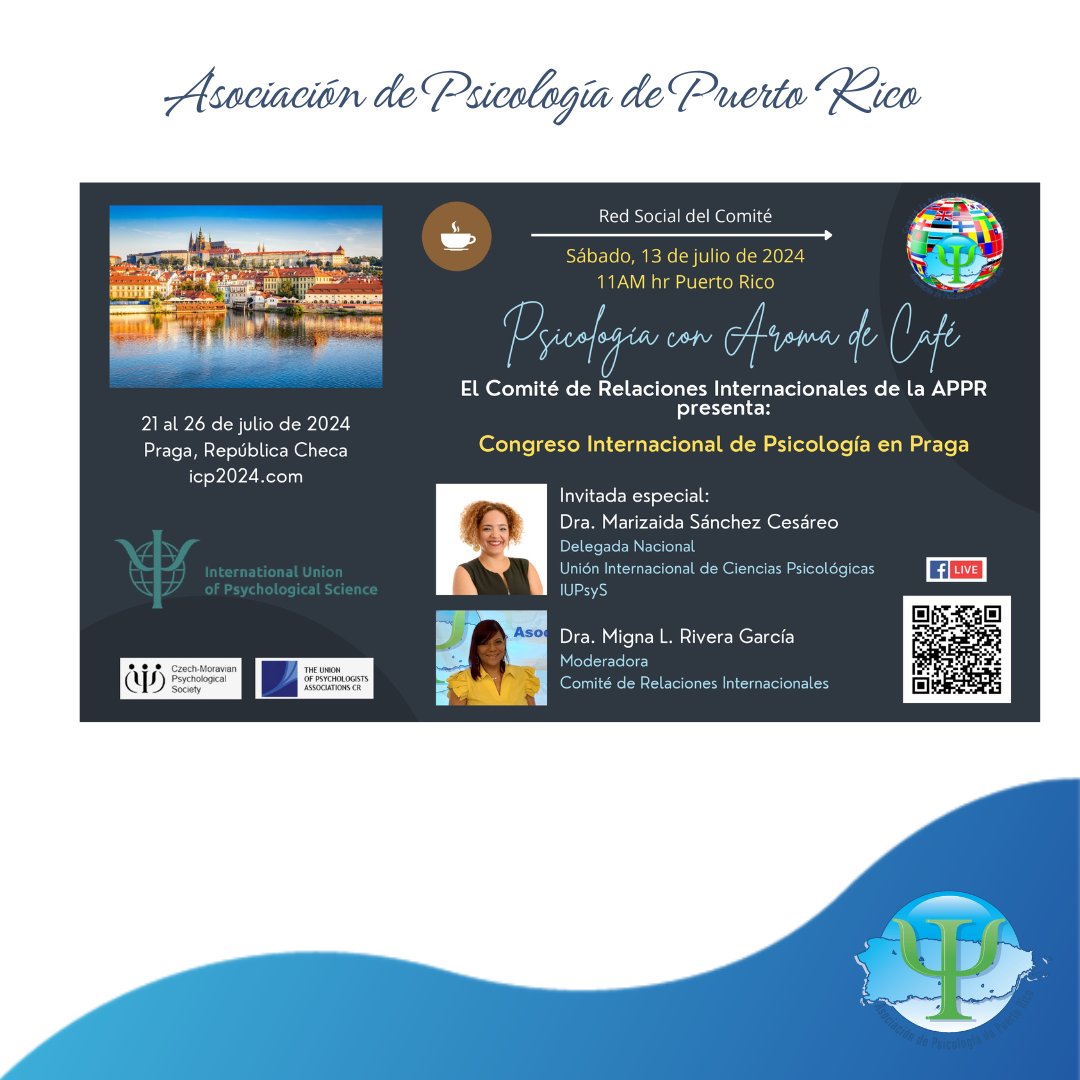 Les esperamos en Psicología con Aroma a Café:

📷Vía Facebook Live de la página del Comité de Relaciones Internacionales - APPR
📷Día: sábado,13 de junio de 2024
📷Hora:11AM (hora de Puerto Rico)
 
Invitada especial:
Dra. Marizaida Sánchez Cesáreo
Delegada Nacional