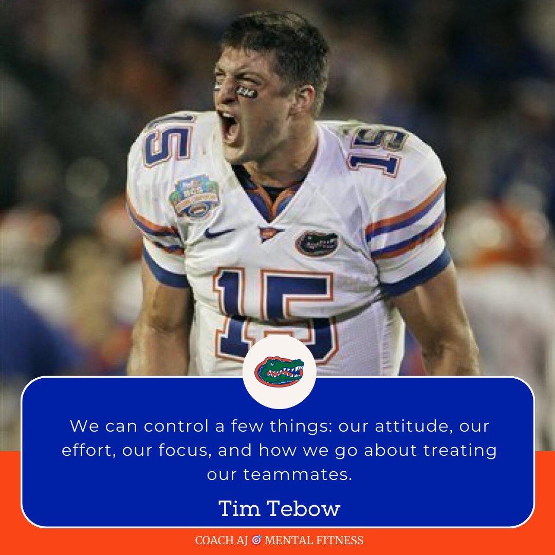 coachajkings's tweet photo. Tim Tebow said, "We can control a few things: our attitude, our effort, our focus, and how we go about treating our teammates."

Focus on what you can control today.
• Choose a positive attitude.
• Choose to give all-out effort.

You always control how you show up. https://t.co/LHQXVnDwaQ
