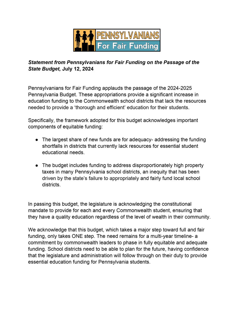 Our statement on the passage of the 2024-2025 budget.
Is it perfect? No. 
Do we still need a multi-year plan? Yes.
Are we incredibly glad to see the <a href="/PaLegis/">PA Legislature</a>  acknowledge its constitutional duty to provide a quality, equitable education? YES.
