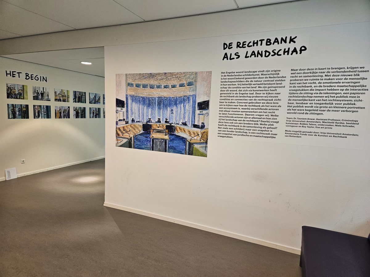 AnwarTasniem's tweet photo. Today in the court of Rotterdam! Our exhibition of Dutch terrorism trails includes panorama drawings of cases and portrets of the court's clerks. Exhibition will stay until October 2024 come check it out! @rb_rotterdam @courtroom_art @Aardse https://t.co/YMnswH1rI9