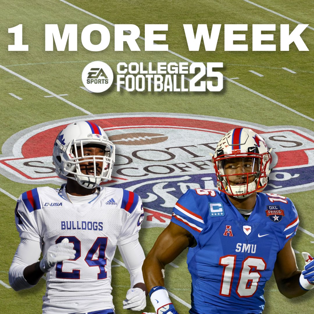 FriscoBowlGame's tweet photo. We are one week away from the release of EA Sports College Football 25! What teams will you be sending to the Scooter’s Coffee Frisco Bowl?

#collegefootball25 #cfb25 #cfb #ScootersCoffeeFriscoBowl #GameOn #itsinthegame #easports #bowlseason #scooterscoffee #wereinthegame https://t.co/0xugmqpEkX